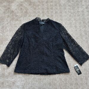 Alex Evenings Floral Embroidered Special Occasion Blouse Women's Large Black NWT